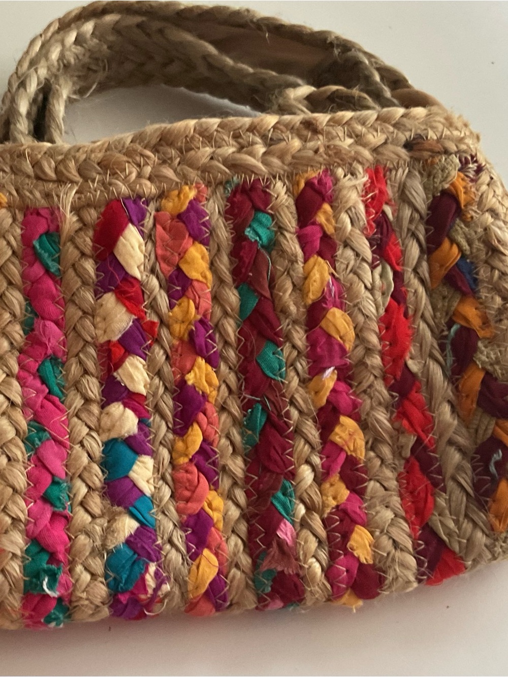 Woven Jute Straw Tote with Multicolor Braided Accents